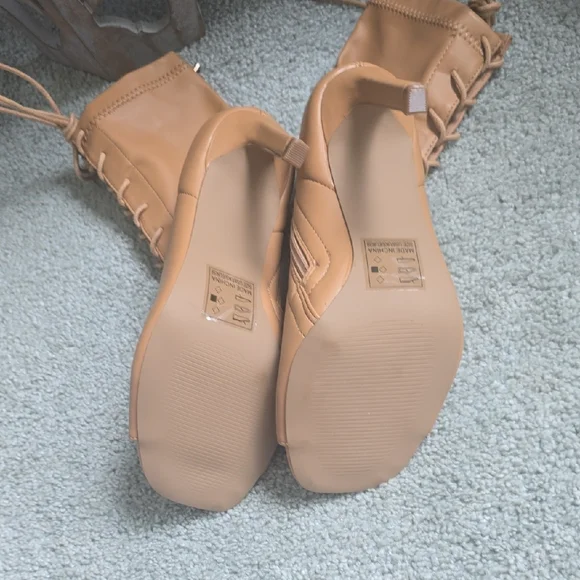 Tan Lace-Up Peep Toe Heeled Boots - Picture 5 of 5